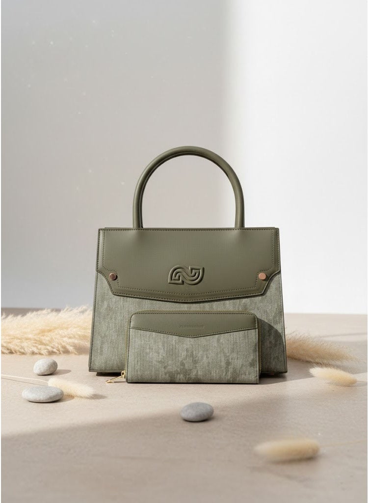 FUMES Army green Women’s Satchel Handbag with Matching Small Wallet – Structured Design, Solid Textured Finish, Elegant Office & Daily Carry Bag - Image 3